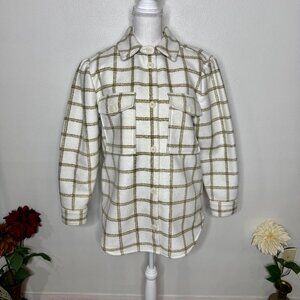 Treasure & Bond Womens Shacket Ivory Brown Plaid Flap Pockets Lined S Preppy